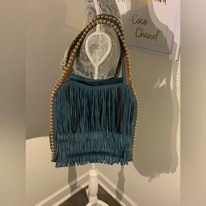 Big Buddha boho fringe blue bag with stud details on the strap